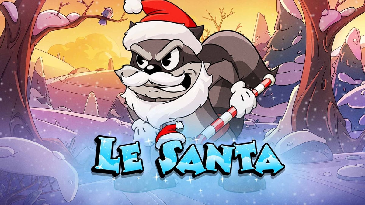 Tecknad tomtefigur med pepparkäpp i snöigt landskap, texten ”Le Santa”.